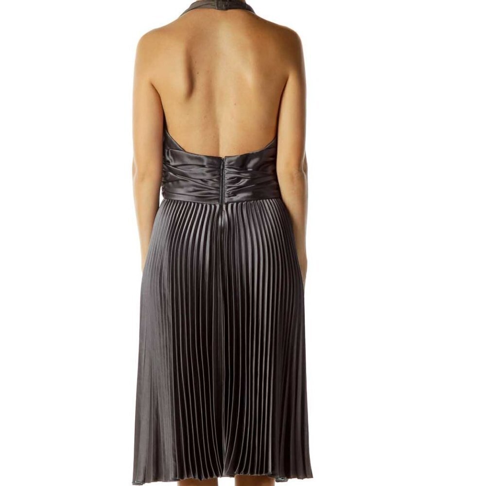 ABS by Allen Schwartz Gray Pleated Satin Halter Evening Dress - Picture 3 of 3